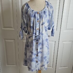 Blue Tie-Dye Button-Up Dress With Tie. Short Sleeves Size Large By MIIe Gabriele